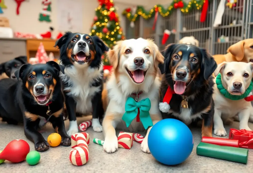 Shelter dogs receiving holiday toys and treats at the San Diego Humane Society