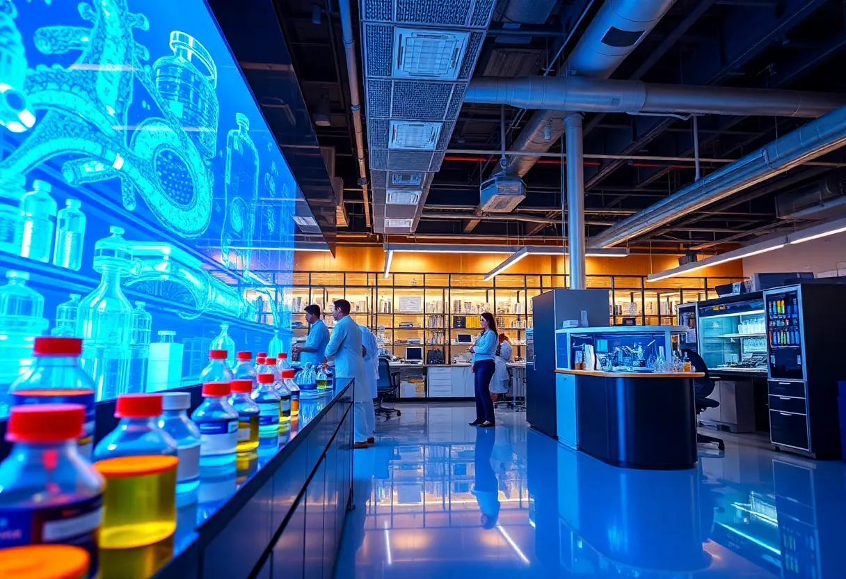 Biotech acquisition representation with advanced laboratories and drug research imagery.