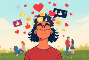 Illustration showing the contrast between social media chaos and real-life connections