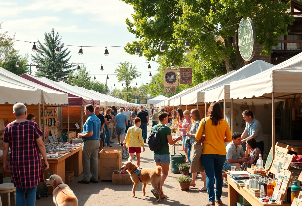 Families and pets at Societe Makers Market enjoying local handmade goods.