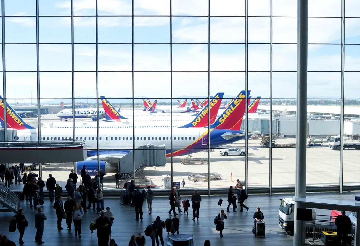 Busy terminal at San Diego International Airport with Southwest Airlines planes