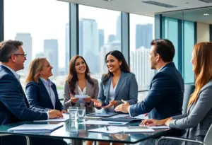 A group of financial advisors working together in a modern office overlooking San Diego