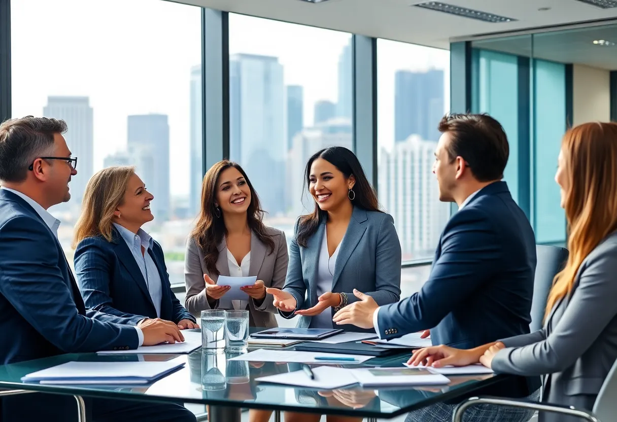 A group of financial advisors working together in a modern office overlooking San Diego