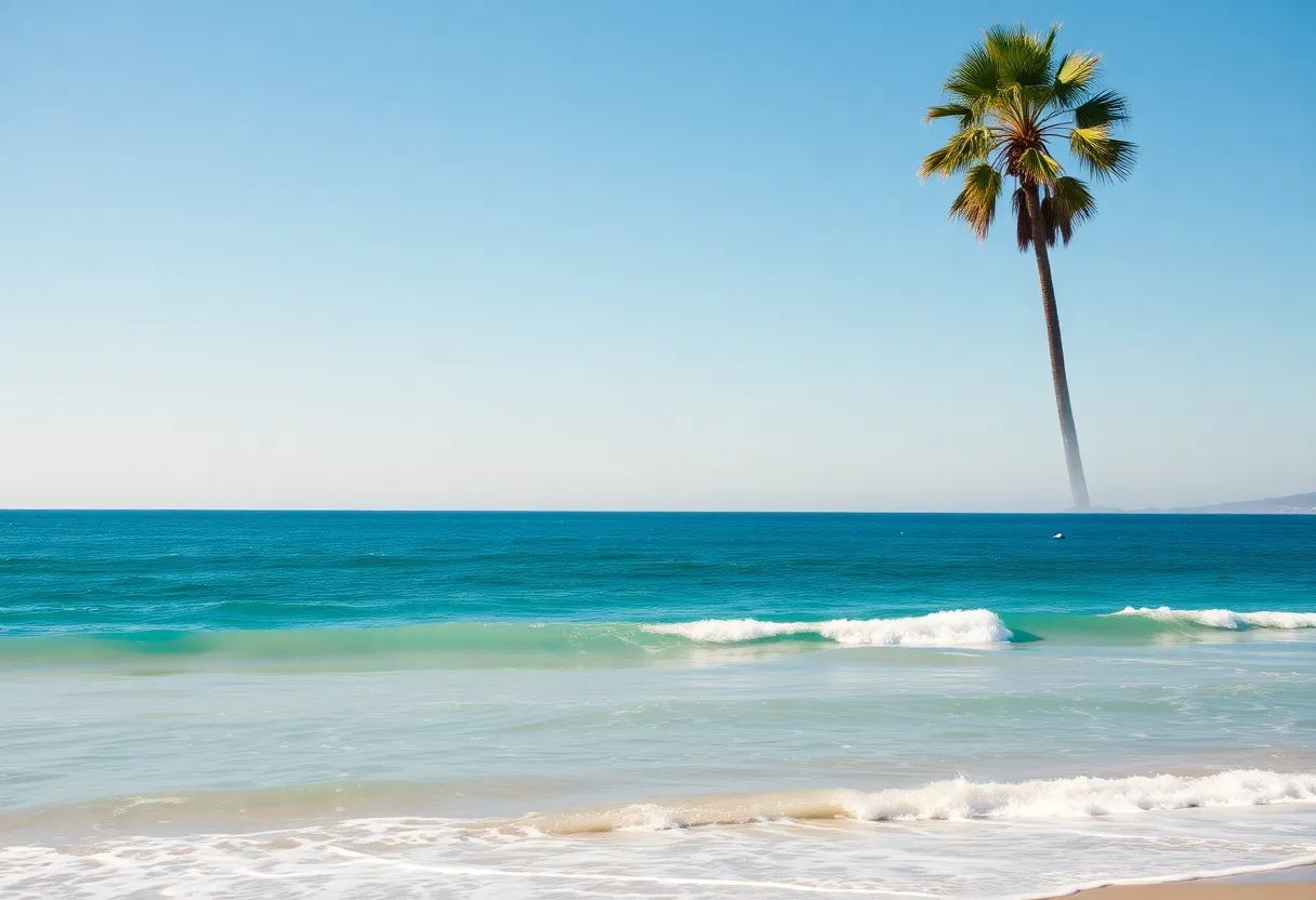 A picturesque California beach with clear skies and calm waters during winter.