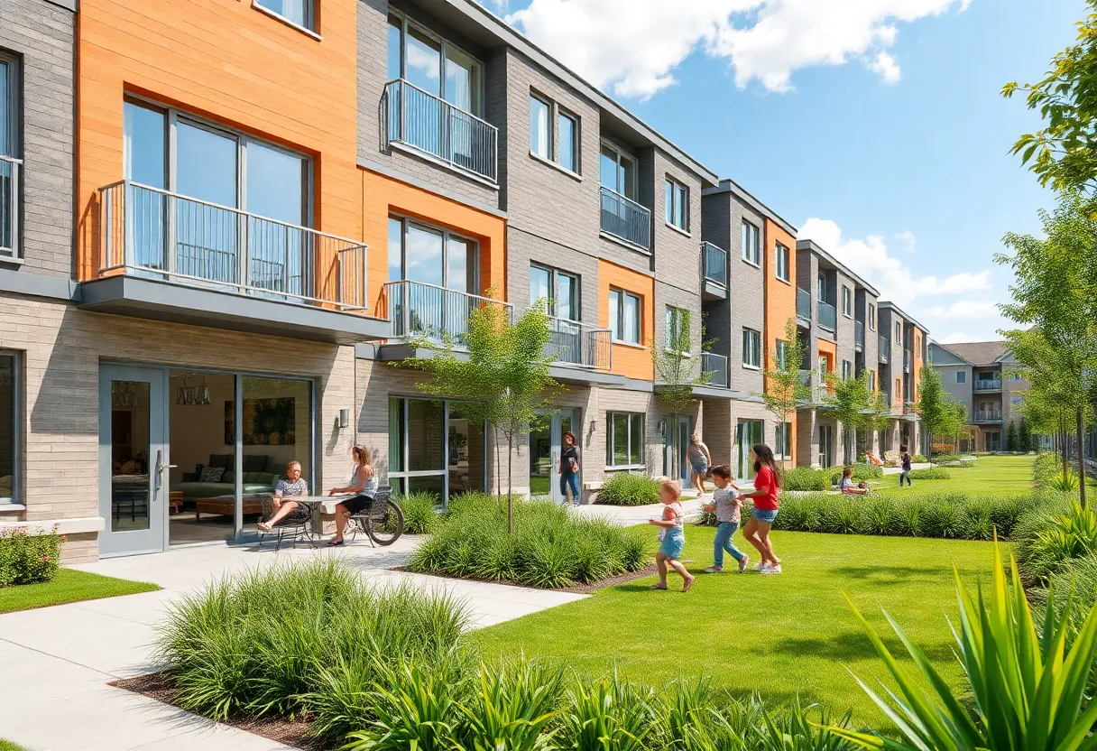 Community housing development with families and children in a park-like setting