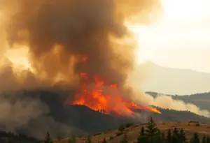 Wildfire burning in San Diego County with firefighting efforts visible.