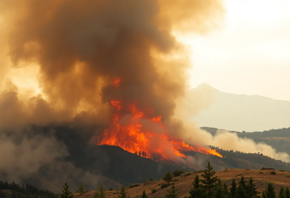 Wildfire burning in San Diego County with firefighting efforts visible.