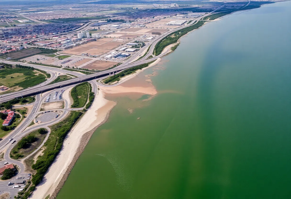 An aerial view of the Tijuana River highlighting pollution and sewage issues.