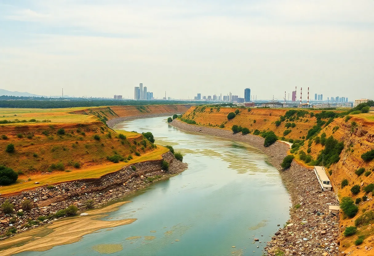 Polluted water in Tijuana River Valley with surrounding landscapes