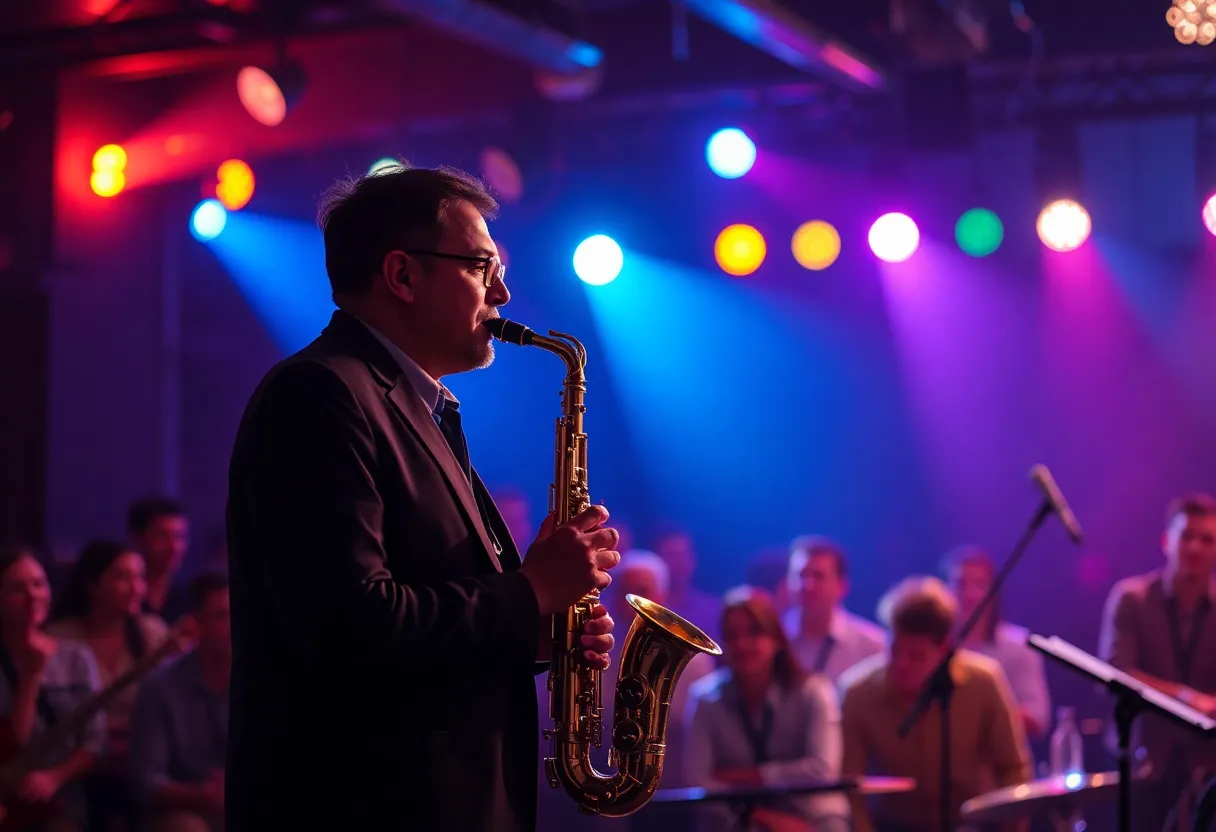 Saxophonist performing at a live concert
