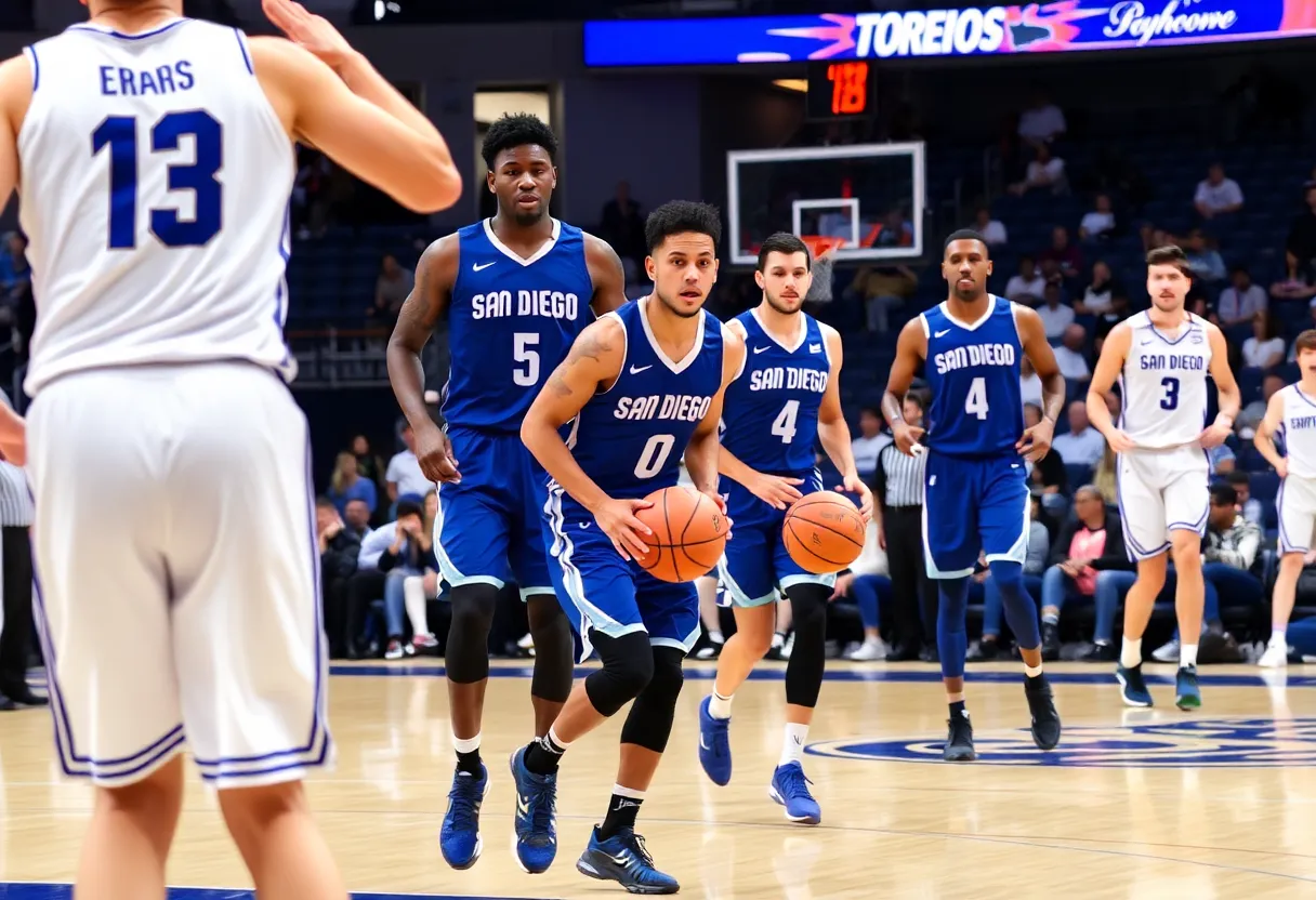 San Diego Toreros basketball team celebrating a victory