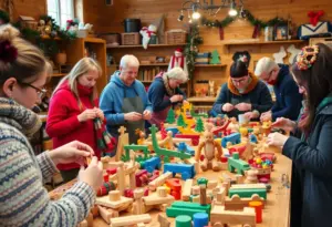 Volunteers in a workshop crafting handcrafted wooden toys for children.