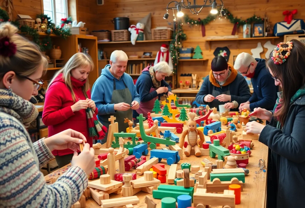 Volunteers in a workshop crafting handcrafted wooden toys for children.