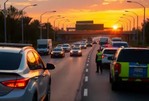 Traffic congestion on a freeway during project and police activity in San Diego