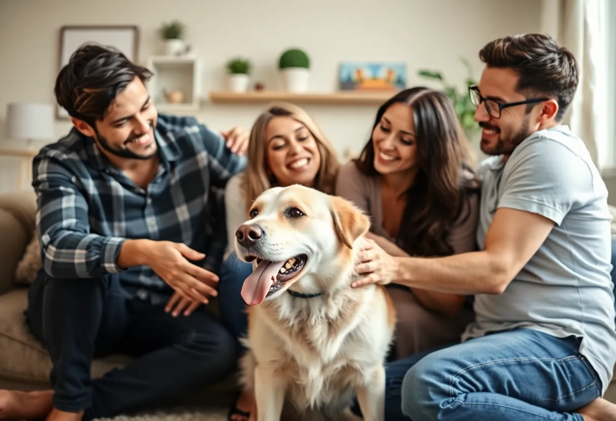 A family warmly engaging with a dog in their home during a trial adoption.