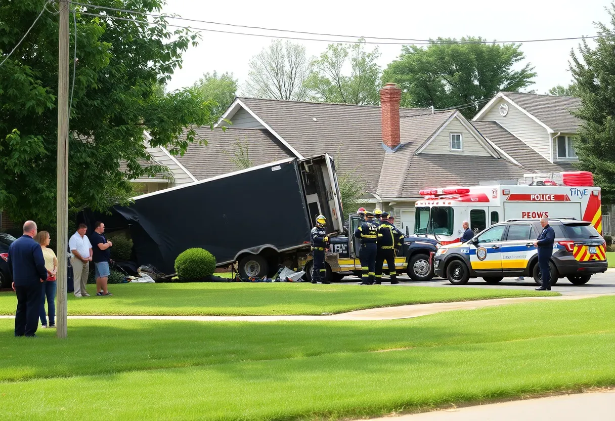Emergency vehicles at the scene of a truck crash into a home in Clairemont