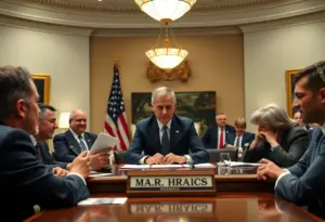 Cabinet meeting with distractions and a misspelled nameplate