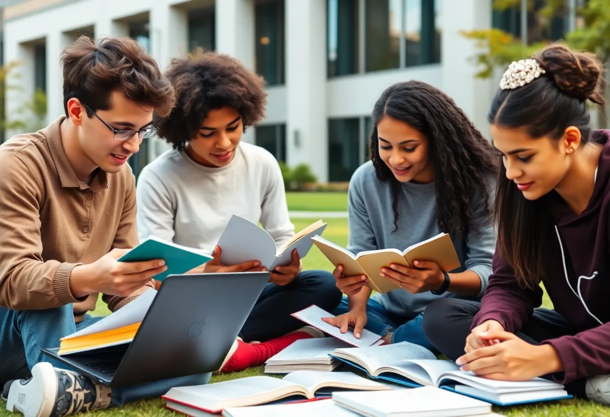Diverse group of UCSD students studying together outdoors