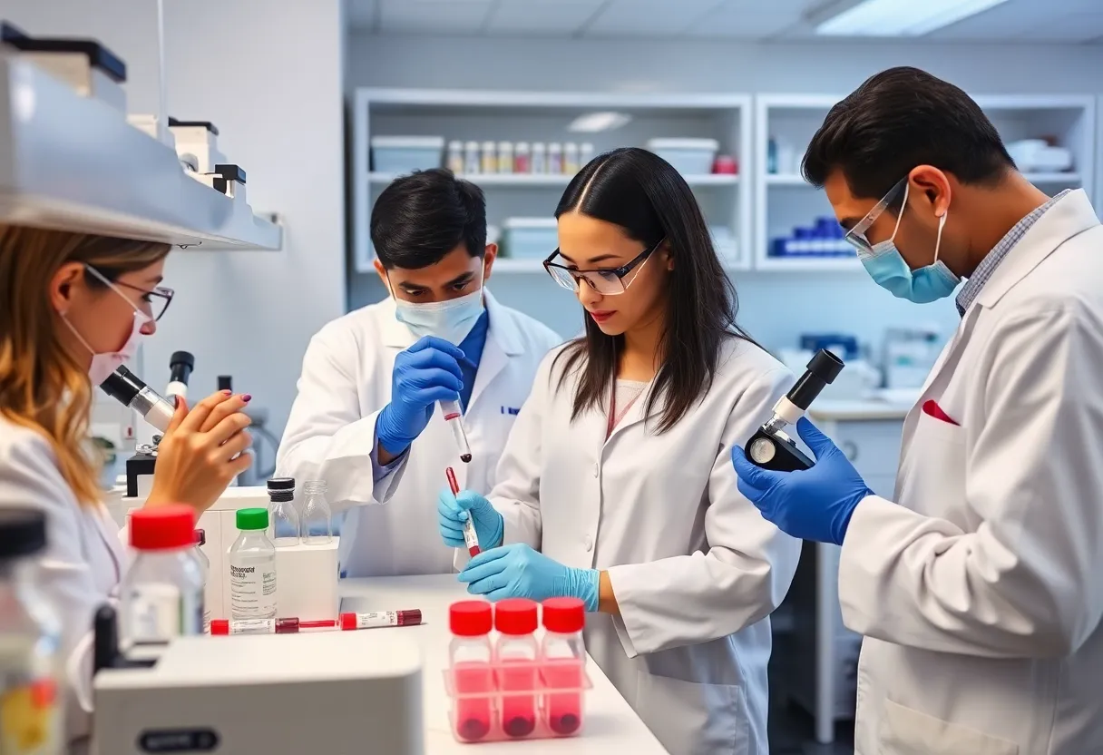 Researchers analyzing blood samples for HIV research in a laboratory.