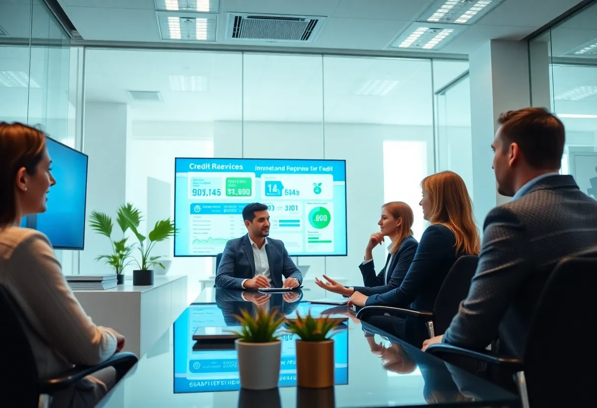 Professionals discussing credit repair strategies in a modern office.