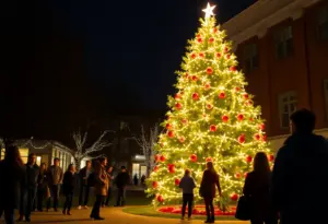 Christmas tree lighting ceremony at University of San Diego with guests enjoying the festivities.