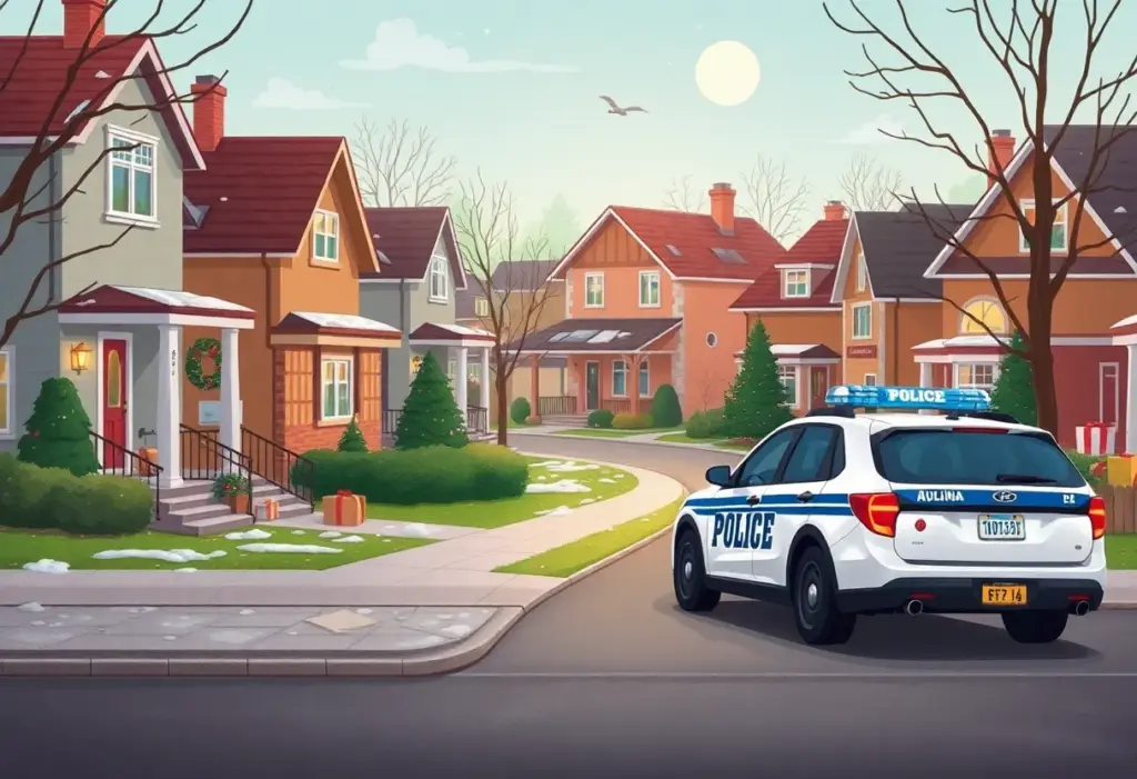 Suburban neighborhood with mail and packages on porches, police cruiser visible.