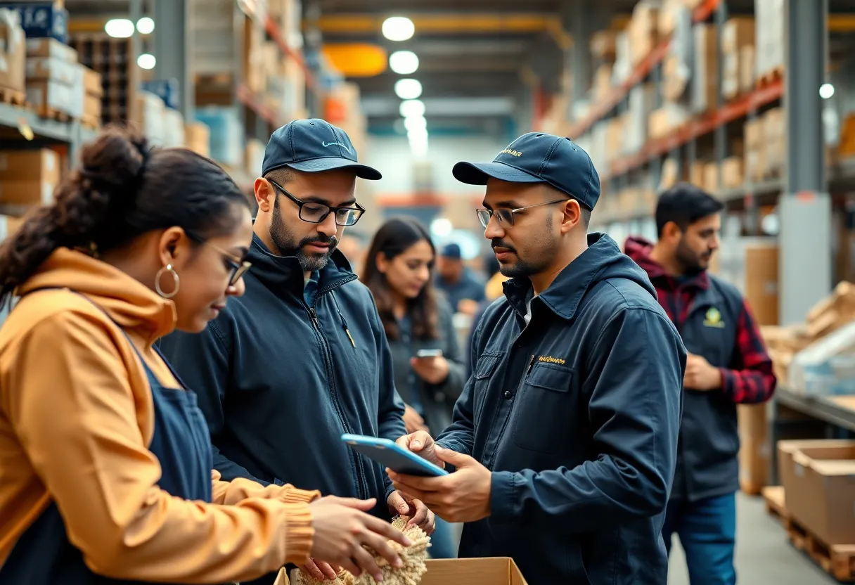 Scene depicting the Veryable on-demand workforce marketplace with workers in manufacturing and warehouse settings.