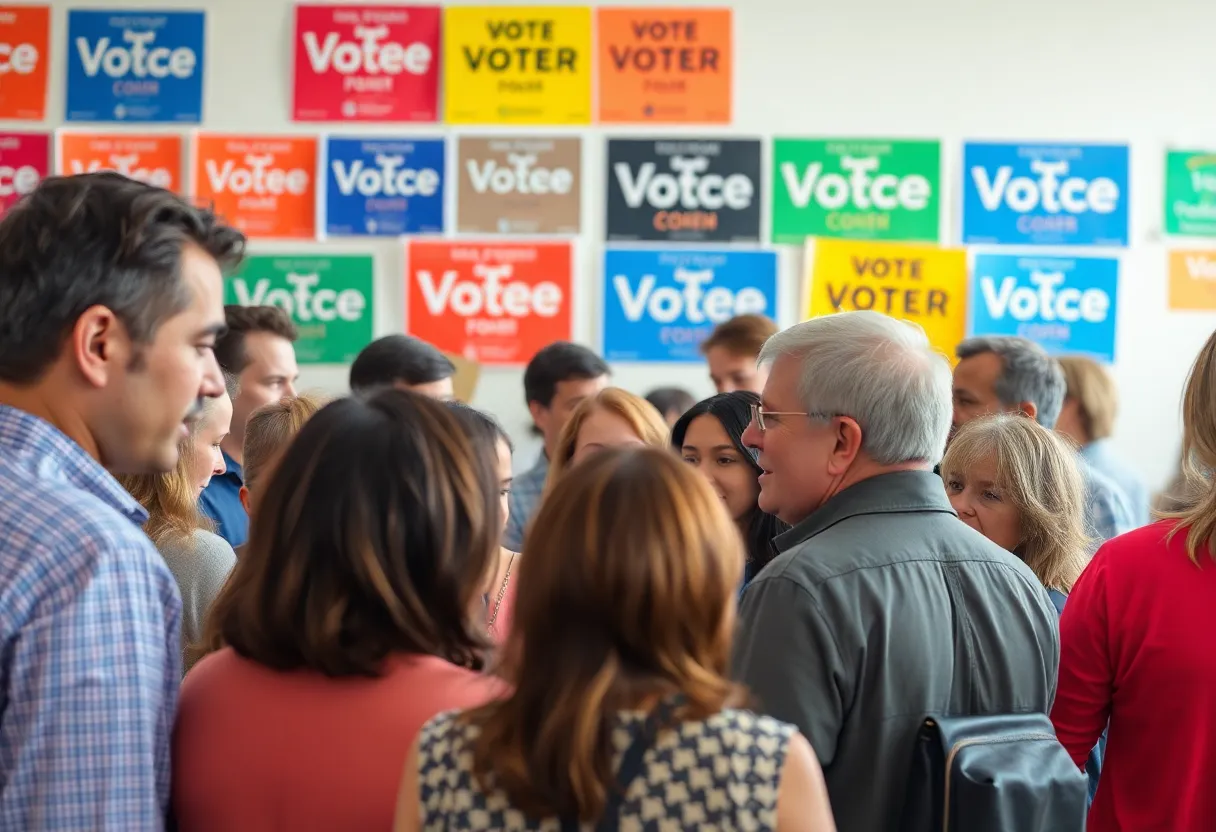A crowd of voters discussing politics with campaign posters in the background.