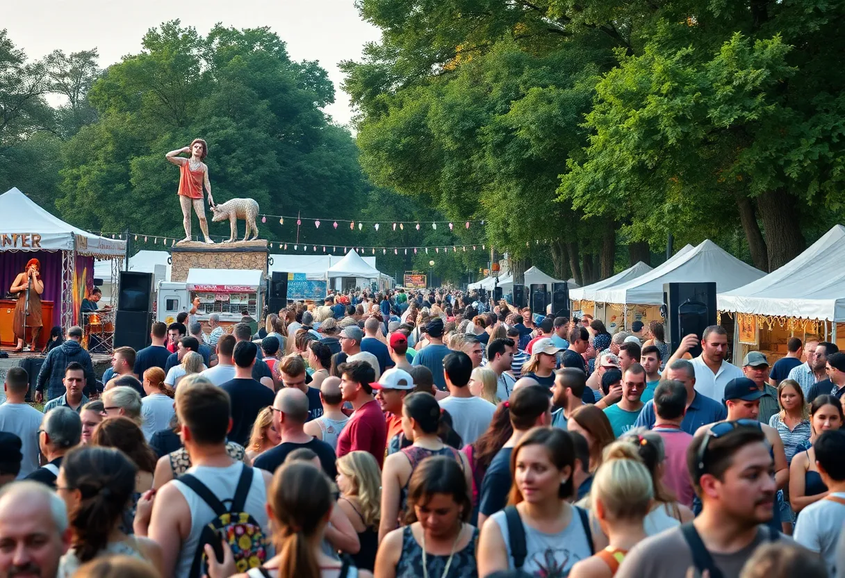 People enjoying the Wild Horses Festival with live music and art installations.