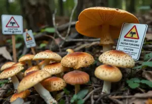 Variety of wild mushrooms in a forest with caution signs