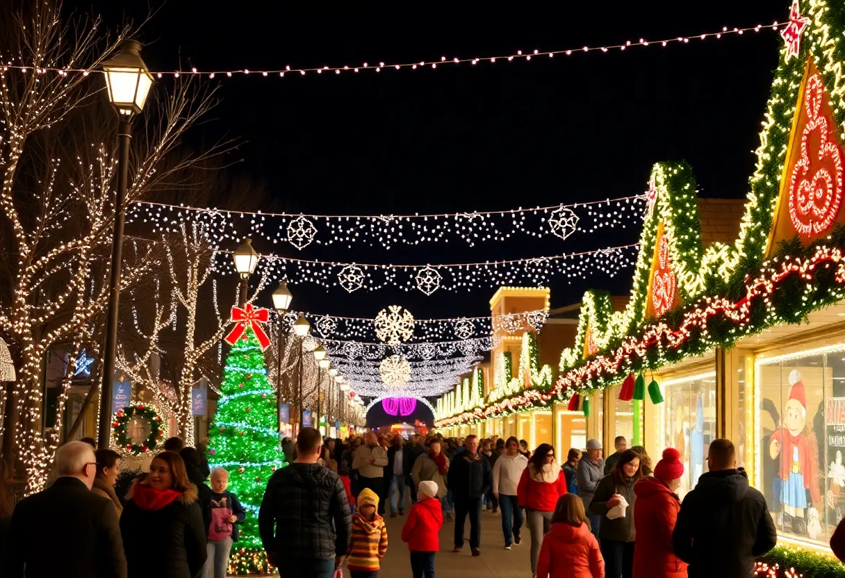 Families enjoying winter festivities in San Diego with holiday lights and decorations.