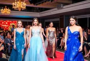 A winter-themed fashion show showcasing vibrant outfits.