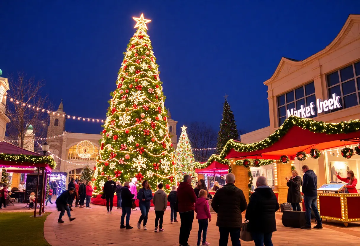 Families enjoying Winter Wonderland at Market Creek Plaza with decorated Christmas tree