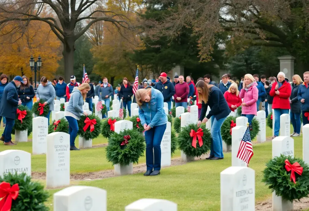 Volunteers placing wreaths on veterans' graves during Wreaths Across America Day.
