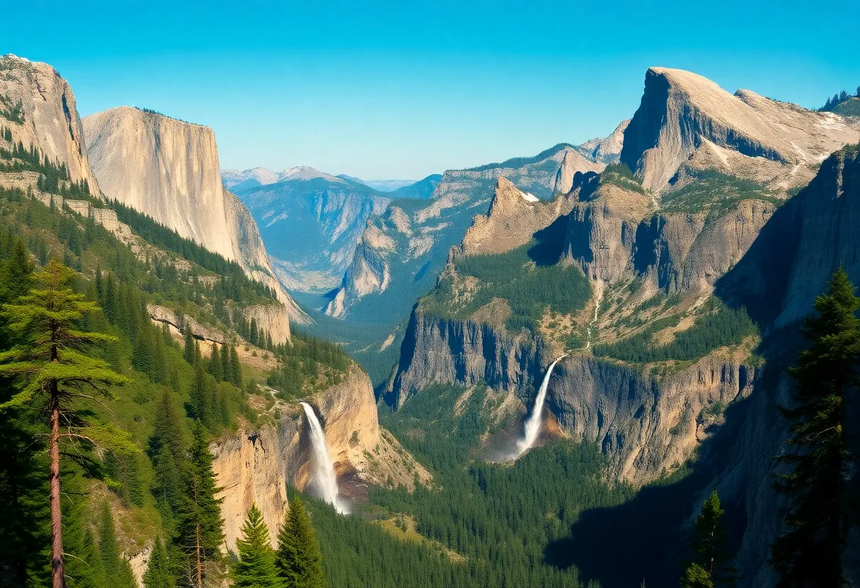 Scenic view of Yosemite National Park with granite cliffs and waterfalls.