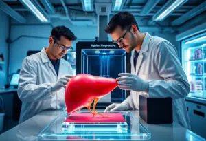 Scientists working on 3D bioprinting a liver organ in a high-tech laboratory.