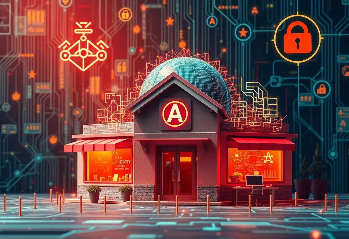 Conceptual image of small businesses facing cybersecurity threats from artificial intelligence.