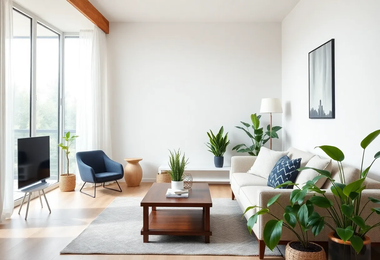 Modern air purifier in a clean living room with indoor plants