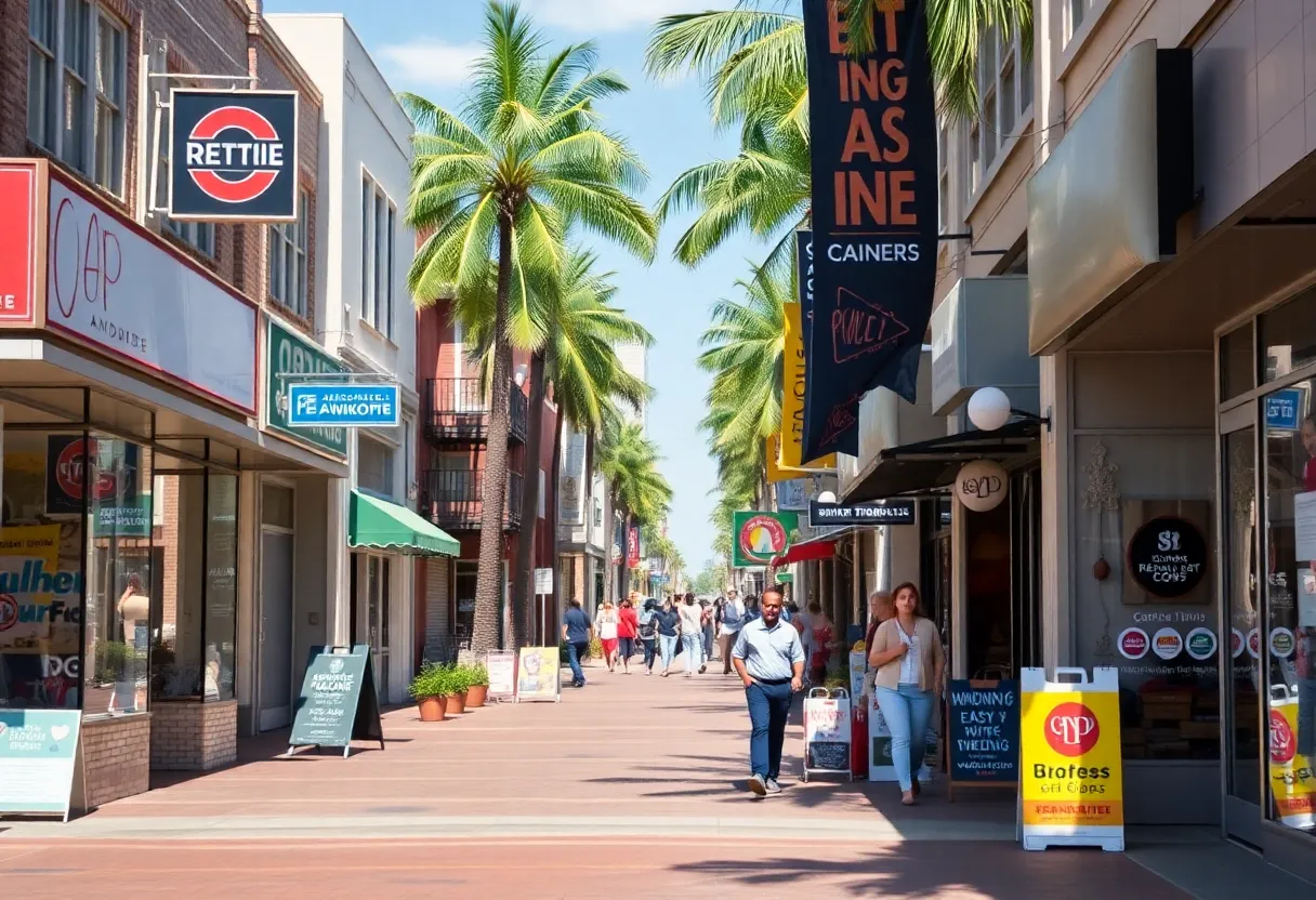 San Diego small businesses engaging with advertising tools in a lively street scene.