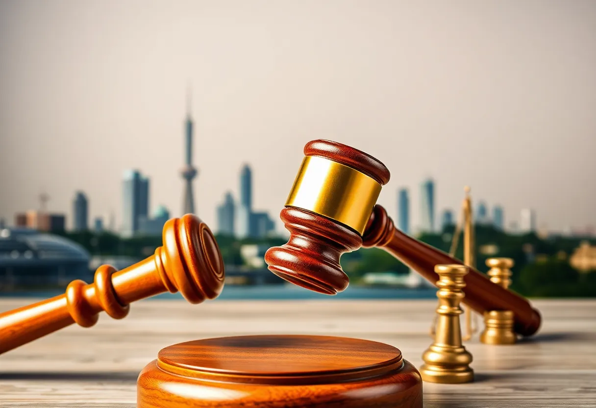 Court gavel over Beirut skyline representing Al Habtoor Group legal action