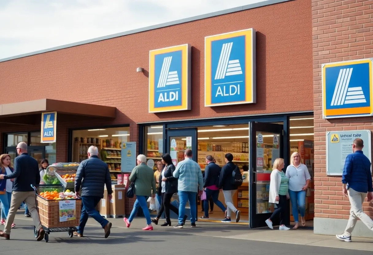 Exterior view of an ALDI grocery store with customers.
