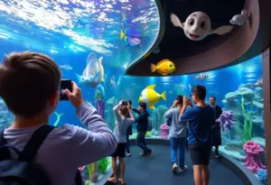 Interactive aquarium display themed around Animal Crossing