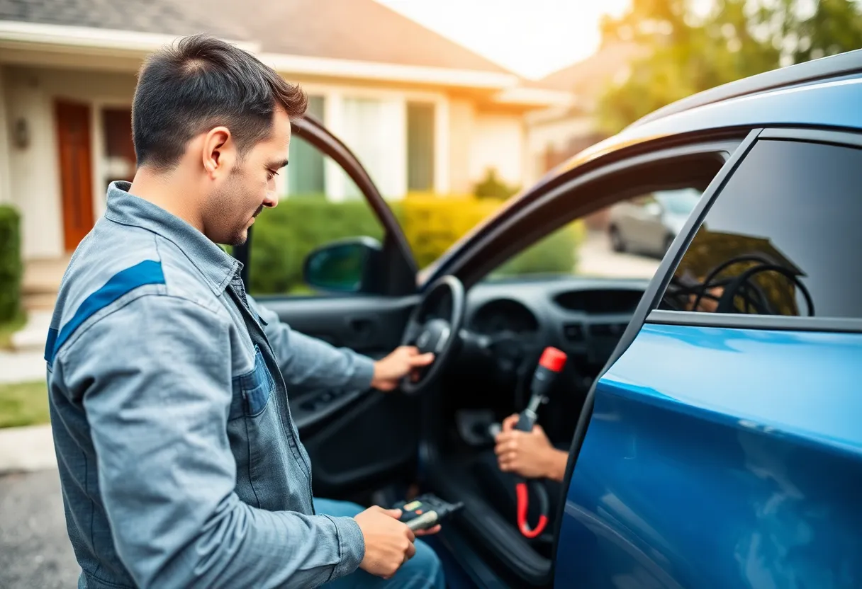 Mobile technician repairing a vehicle in a driveway