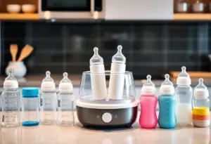 A modern baby bottle warmer on a kitchen countertop