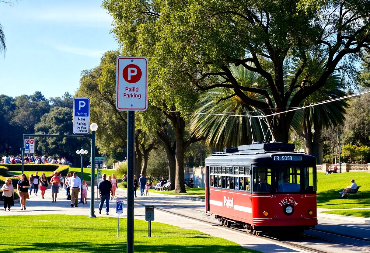 Visitors at Balboa Park with parking signs