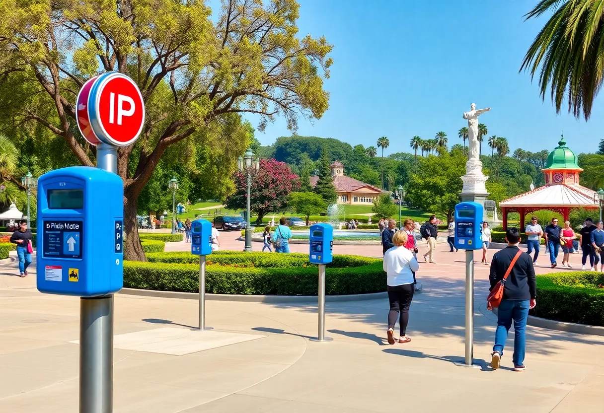 Parking meters at Balboa Park with visitors in the background.