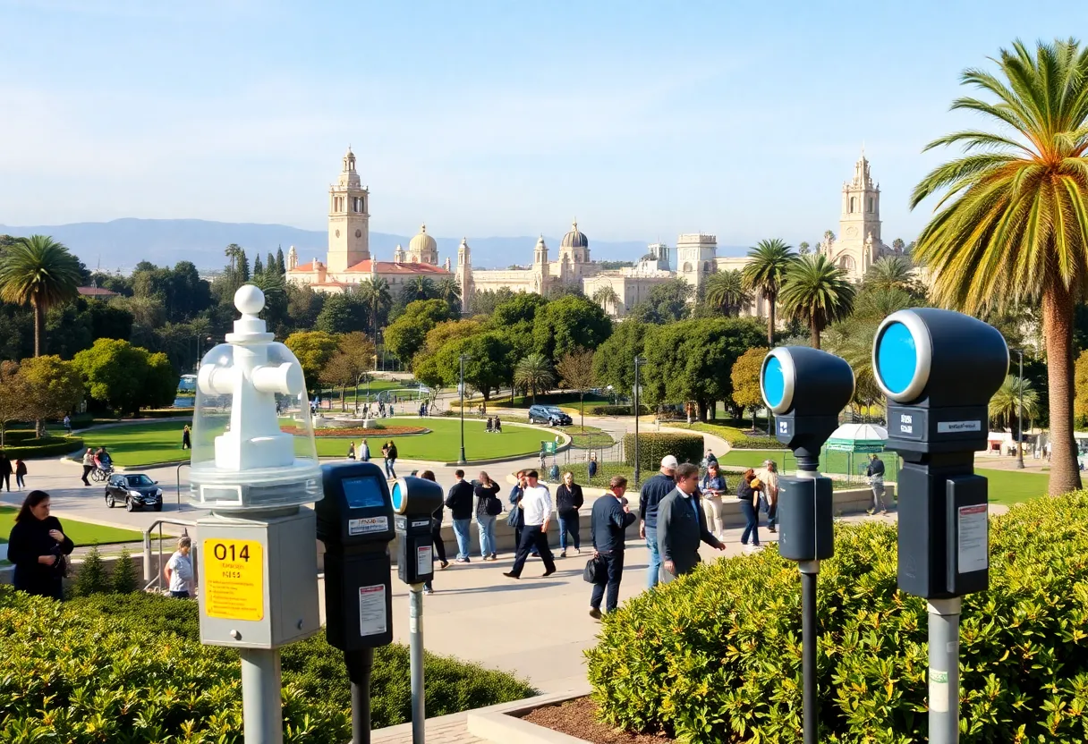 Parking meters at Balboa Park with lush gardens in the background