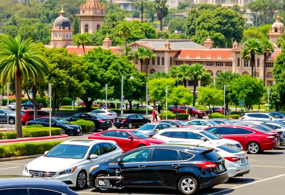 Cars parked at Balboa Park under the sunny sky