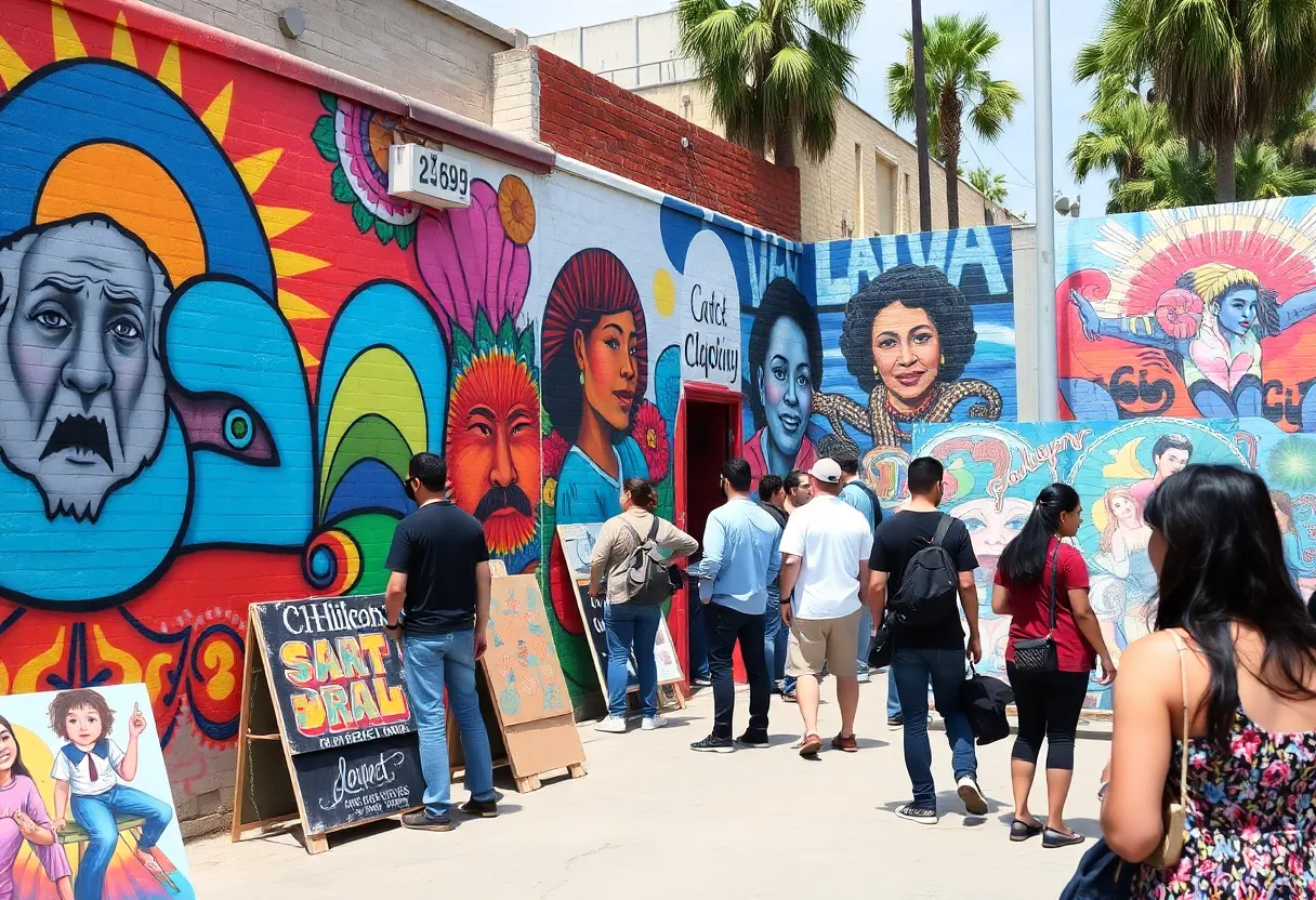Chicano murals in Barrio Logan with community members enjoying the art scene