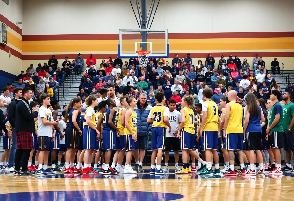 Sacramento Adventist Capitals basketball team celebrating victory against San Diego Academy Cavaliers